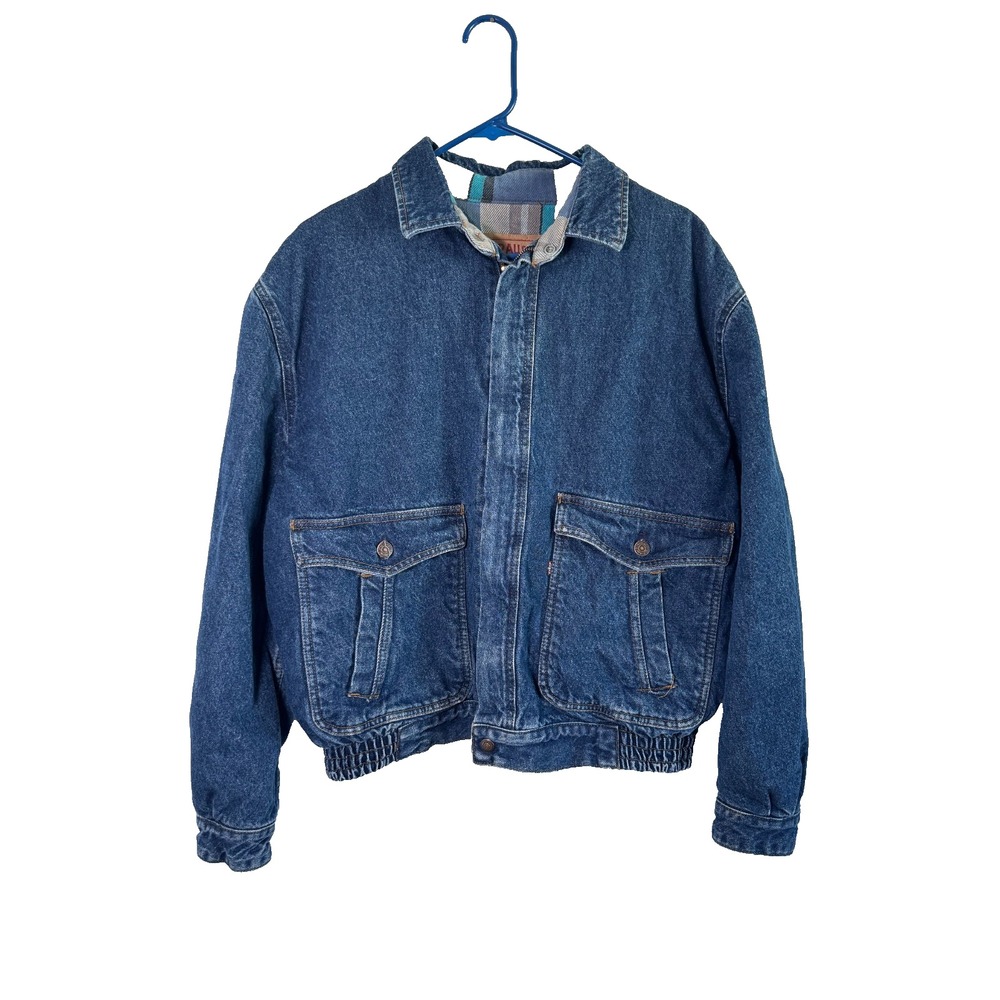 VTG 80s Levi's Trucker Jacket Mens‎ L Denim Plaid Lined Elastic Waist Full Zip